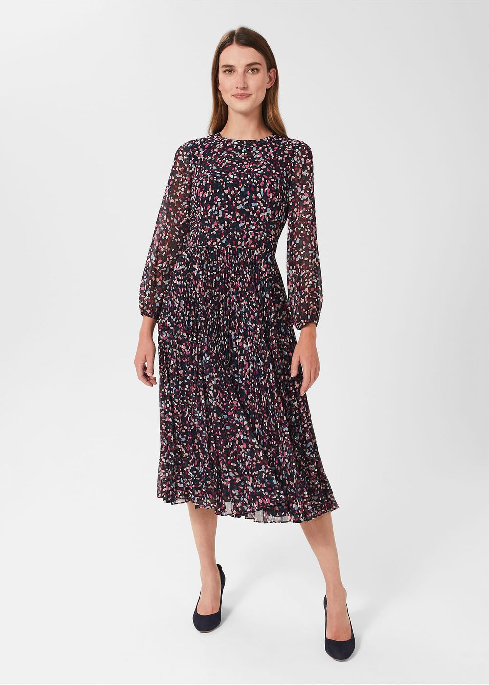 Selena Pleated Dress, Navy Multi, hi-res