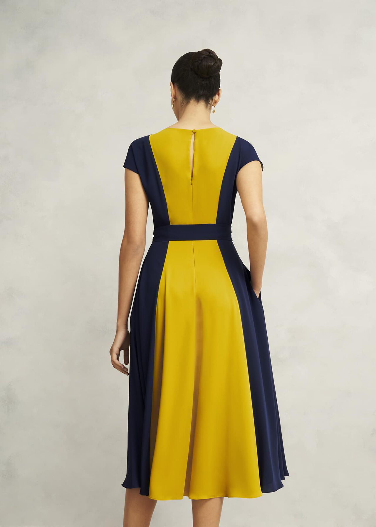 Emery Tie Belted Dress, Navy Yellow, hi-res