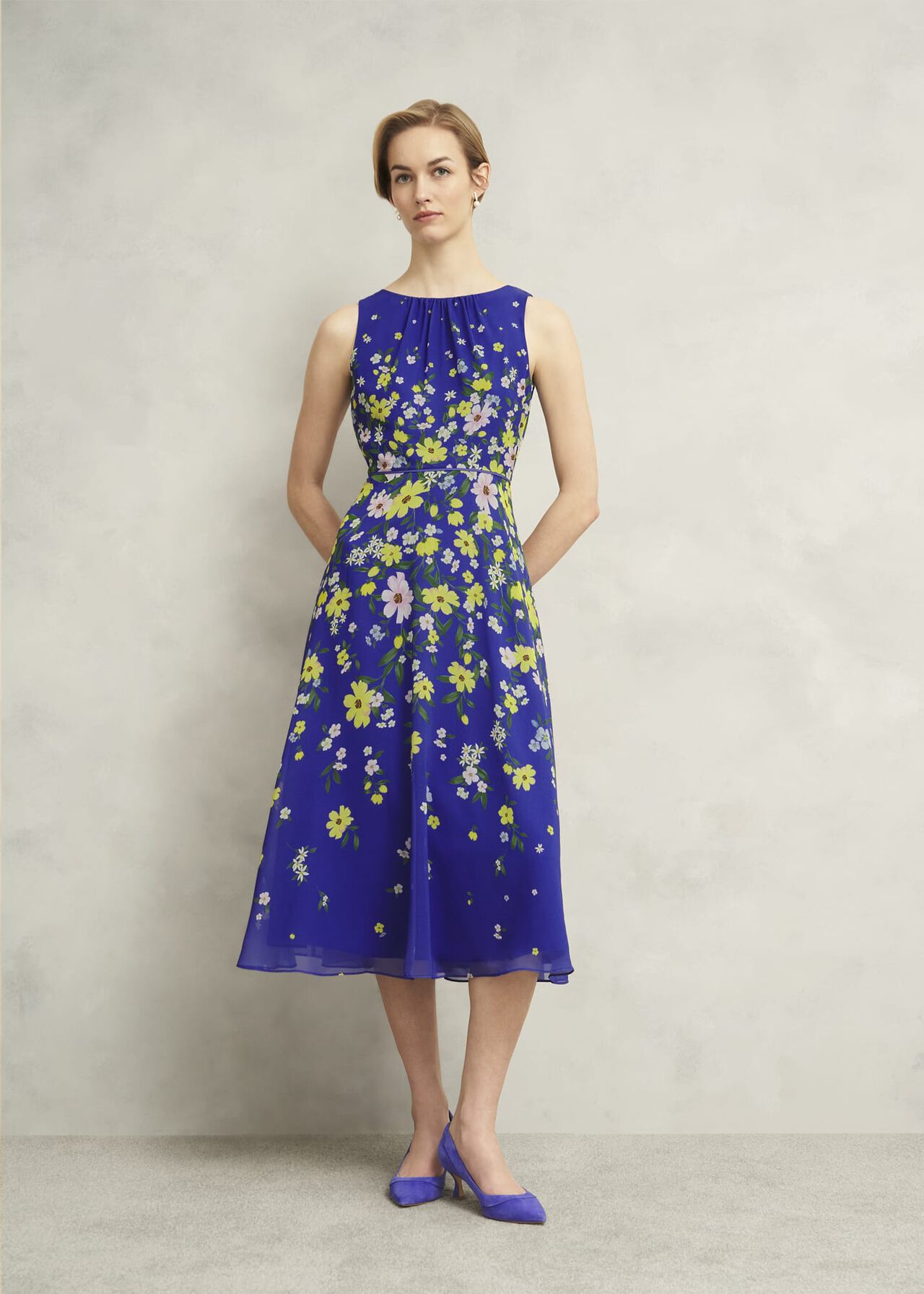 Carly Gathered Neck Dress, Blue Multi, hi-res