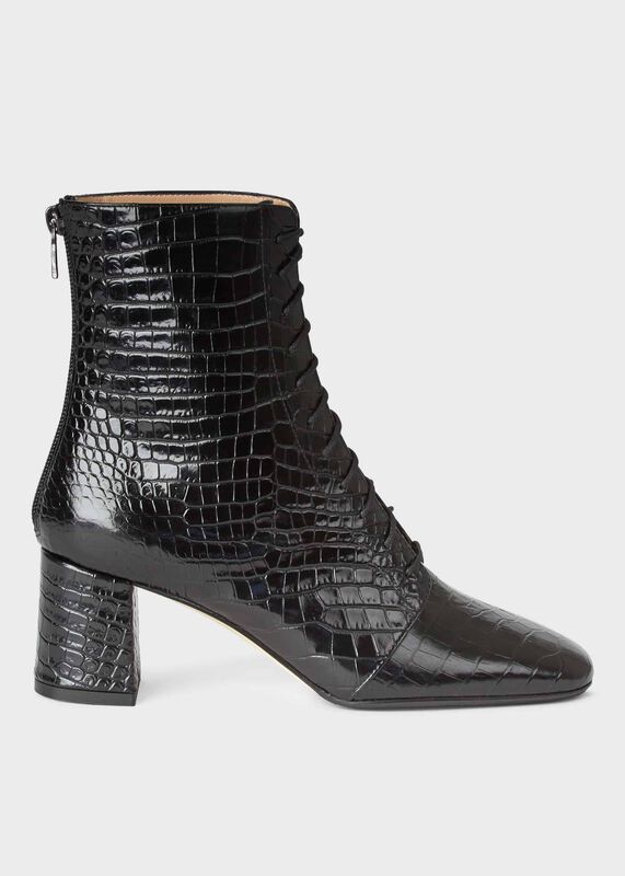 Imogen Crocodile Block Heel Lace Up Boots