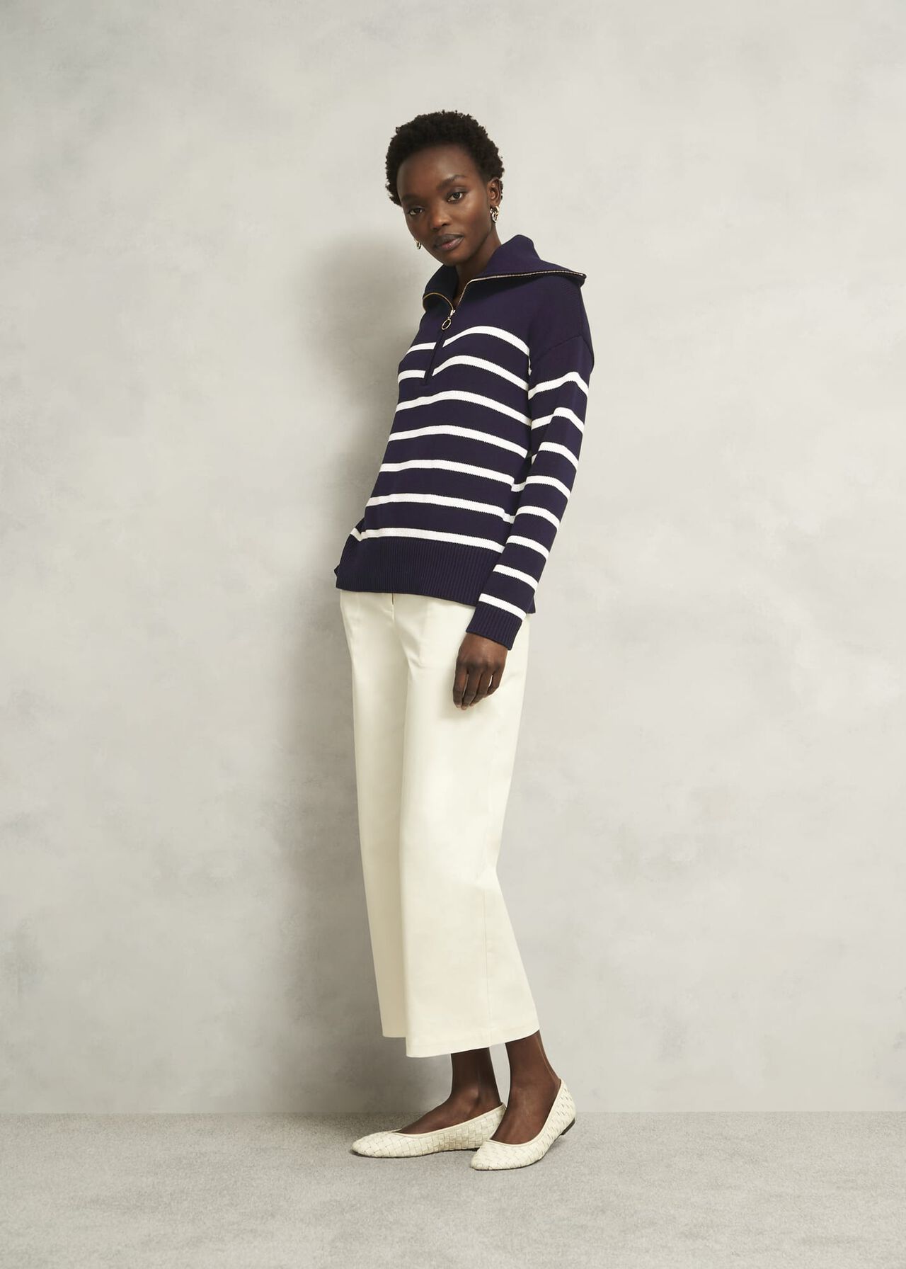 Amy Stripe Cotton Jumper, Warm Ivory Navy, hi-res