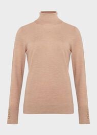 Lara Merino Wool Roll Neck Jumper, Camel, hi-res