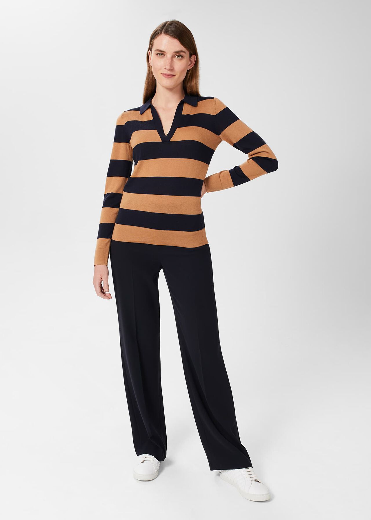 Alexis Merino Wool Stripe Polo Jumper, Navy Camel, hi-res