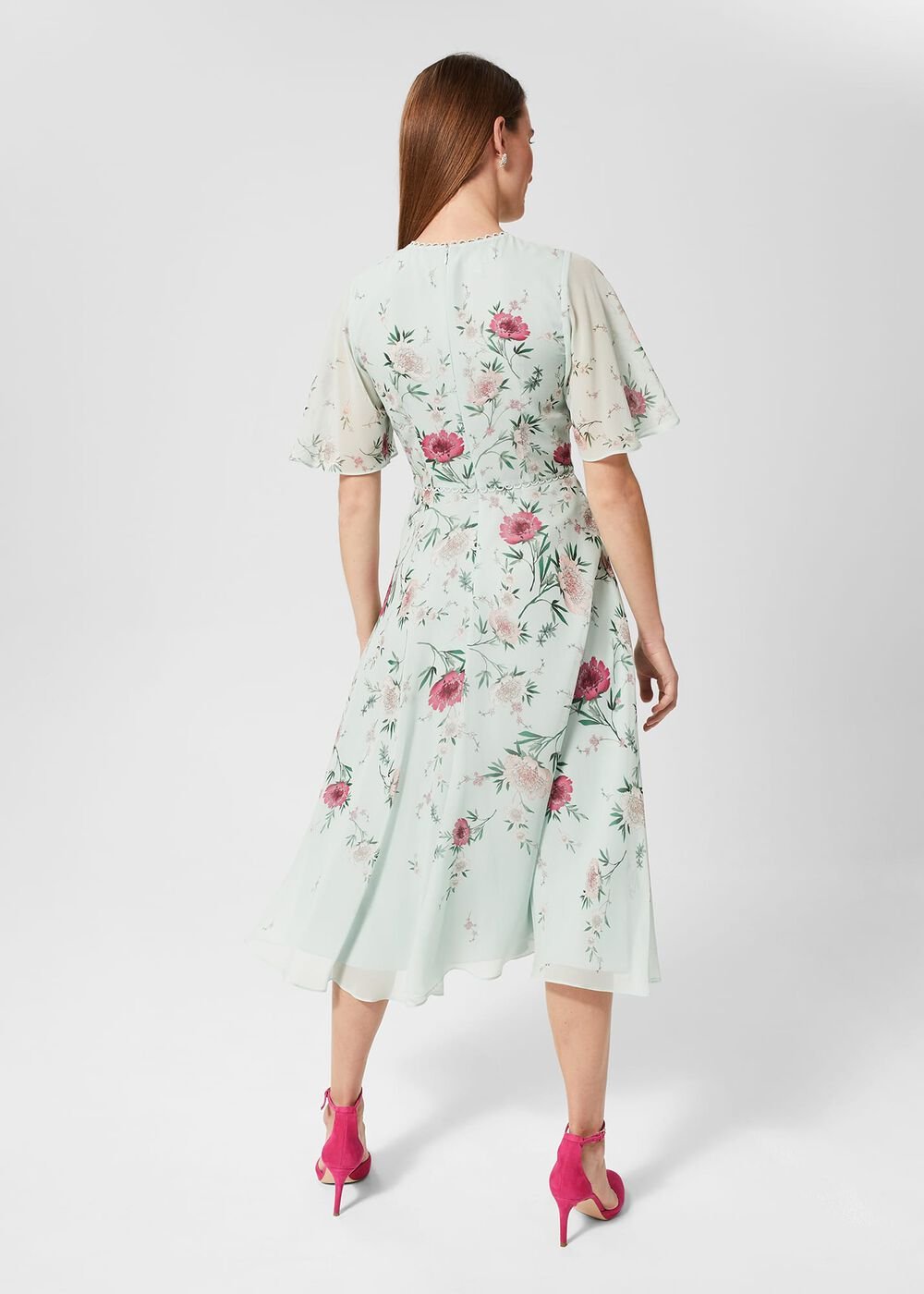 Priya Silk Floral Dress, Sage Green Pink, hi-res