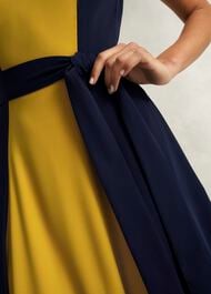 Petite Emery Tie Belted Dress, Navy Yellow, hi-res