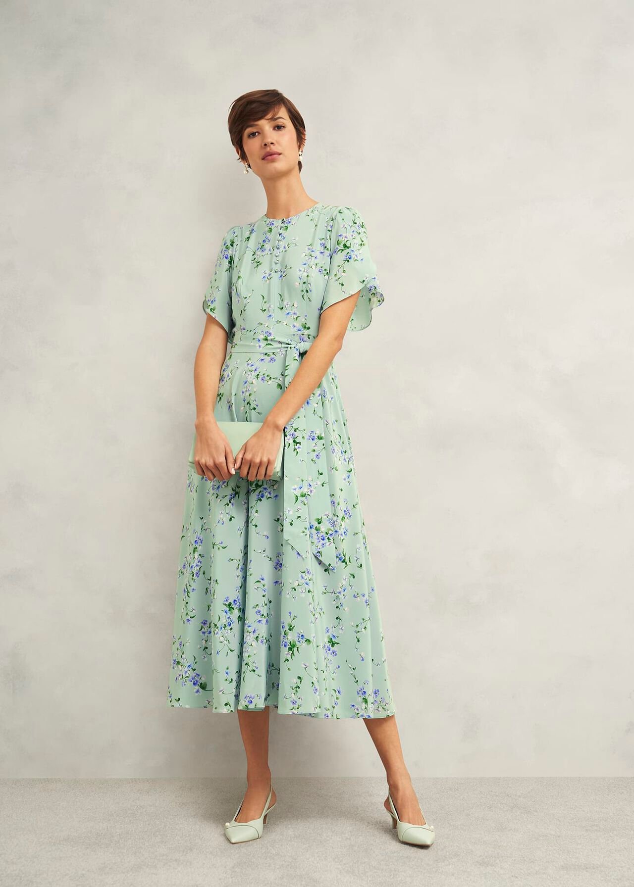 Petite Sophia Silk Belted Dress, Sage Multi, hi-res