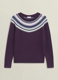 Purple Greta Wool Blend Fairisle Crew Neck Sweater, Vibrant Purple, hi-res