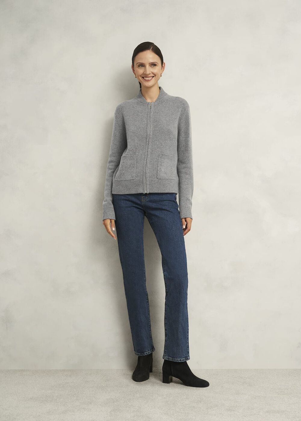 Grey Bonnie Wool Blend Knitted Bomber Jacket, Mid Grey Marl, hi-res