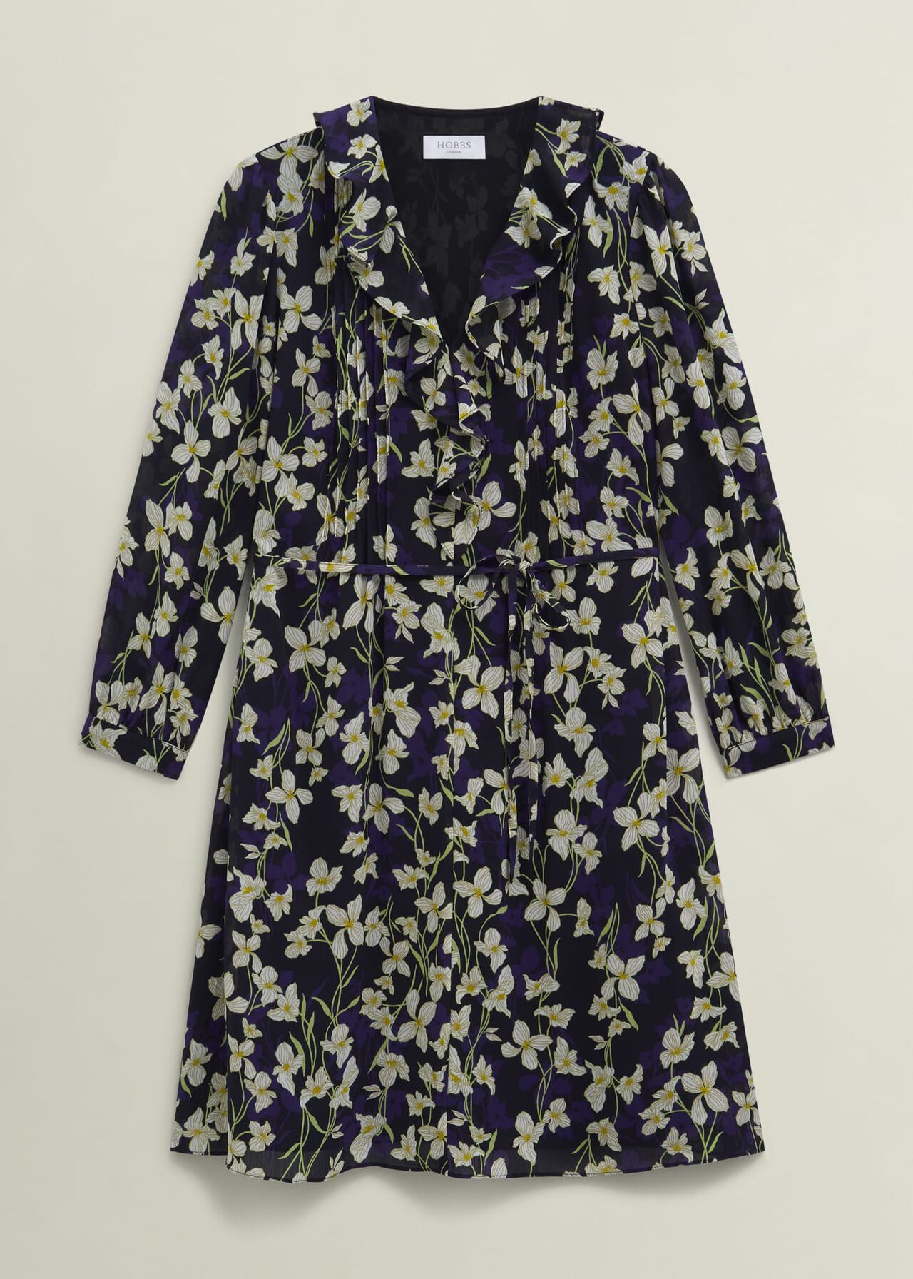 Navy Floral Zoe Dress with Ruffle Neck, Navy Multi, hi-res
