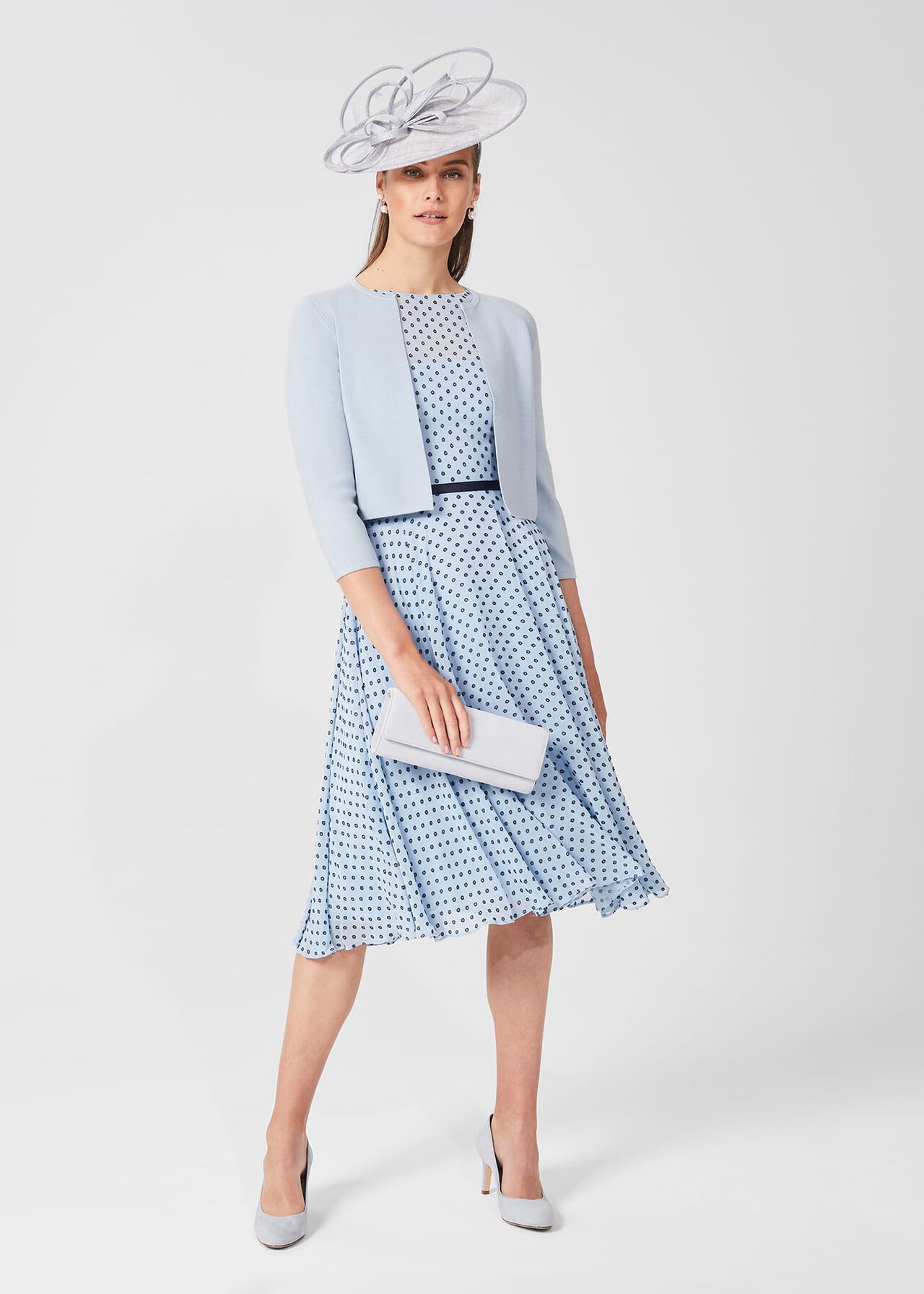 Della Jaquard Spot Dress, Powder Blue Nvy, hi-res