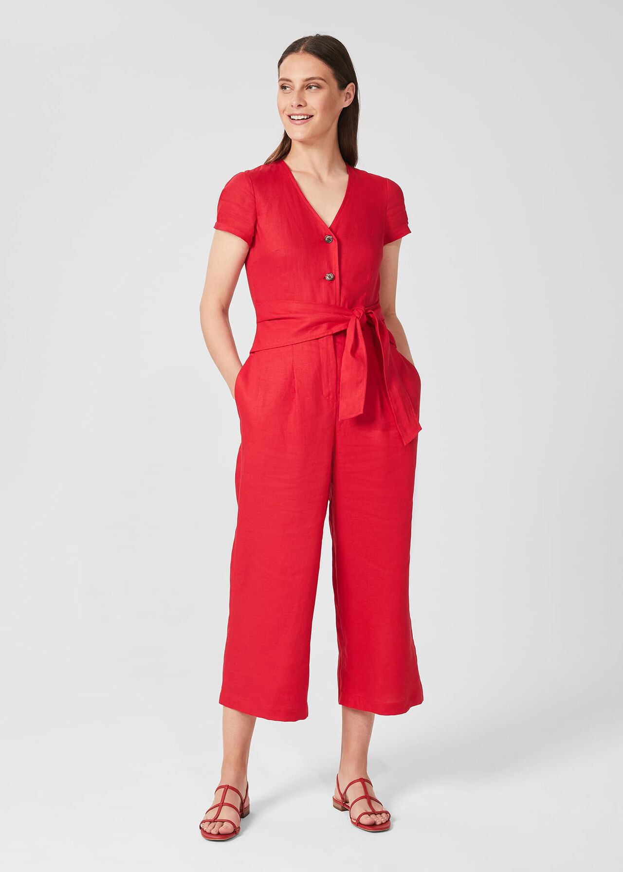 Jayne Linen Cropped Jumpsuit, Raspberry, hi-res