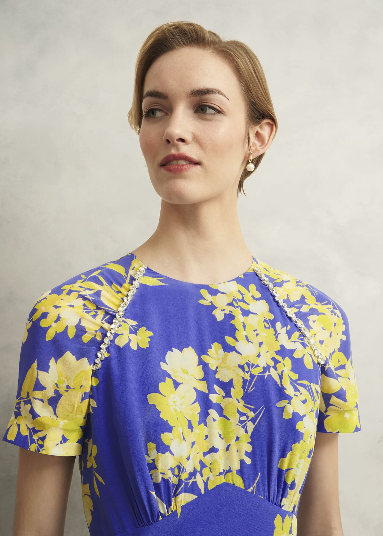 Petite Ann Embellished Silk Dress, Blue Yellow, hi-res