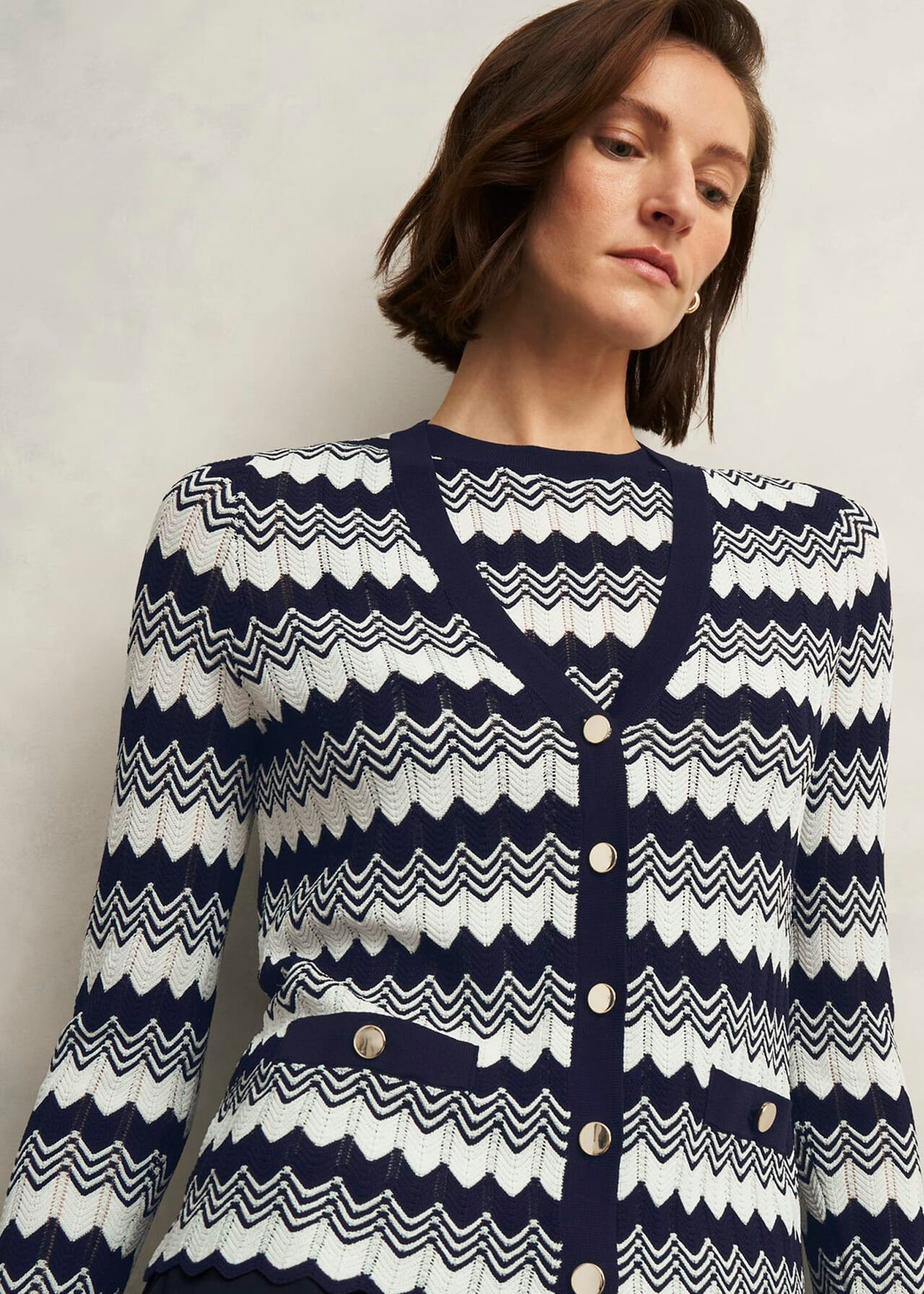 Navy Osterley Chevron Stripe V Neck Knitted Cardigan, Navy Ivory, hi-res
