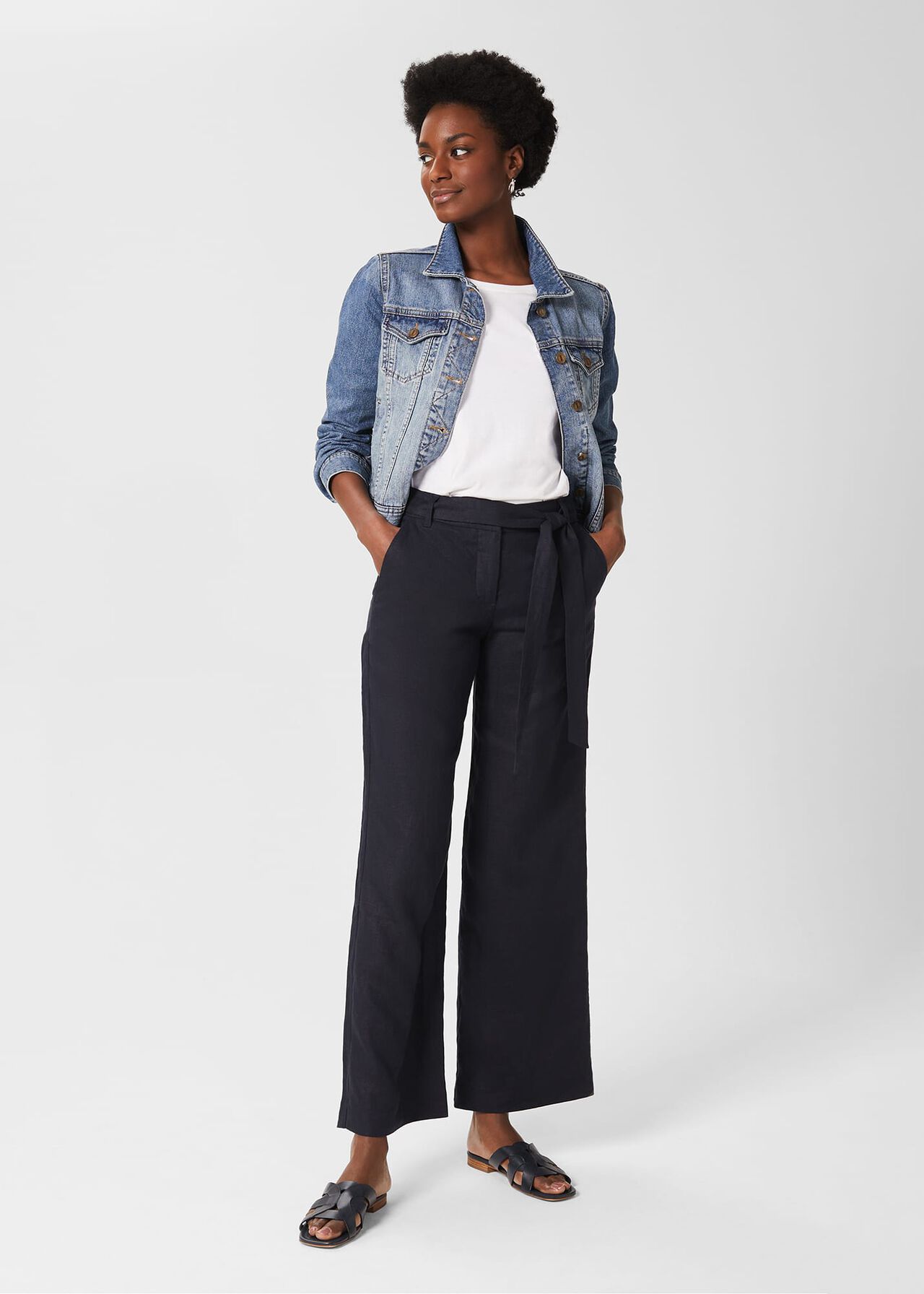 Jacqui Wide Leg Linen Pants, Navy, hi-res