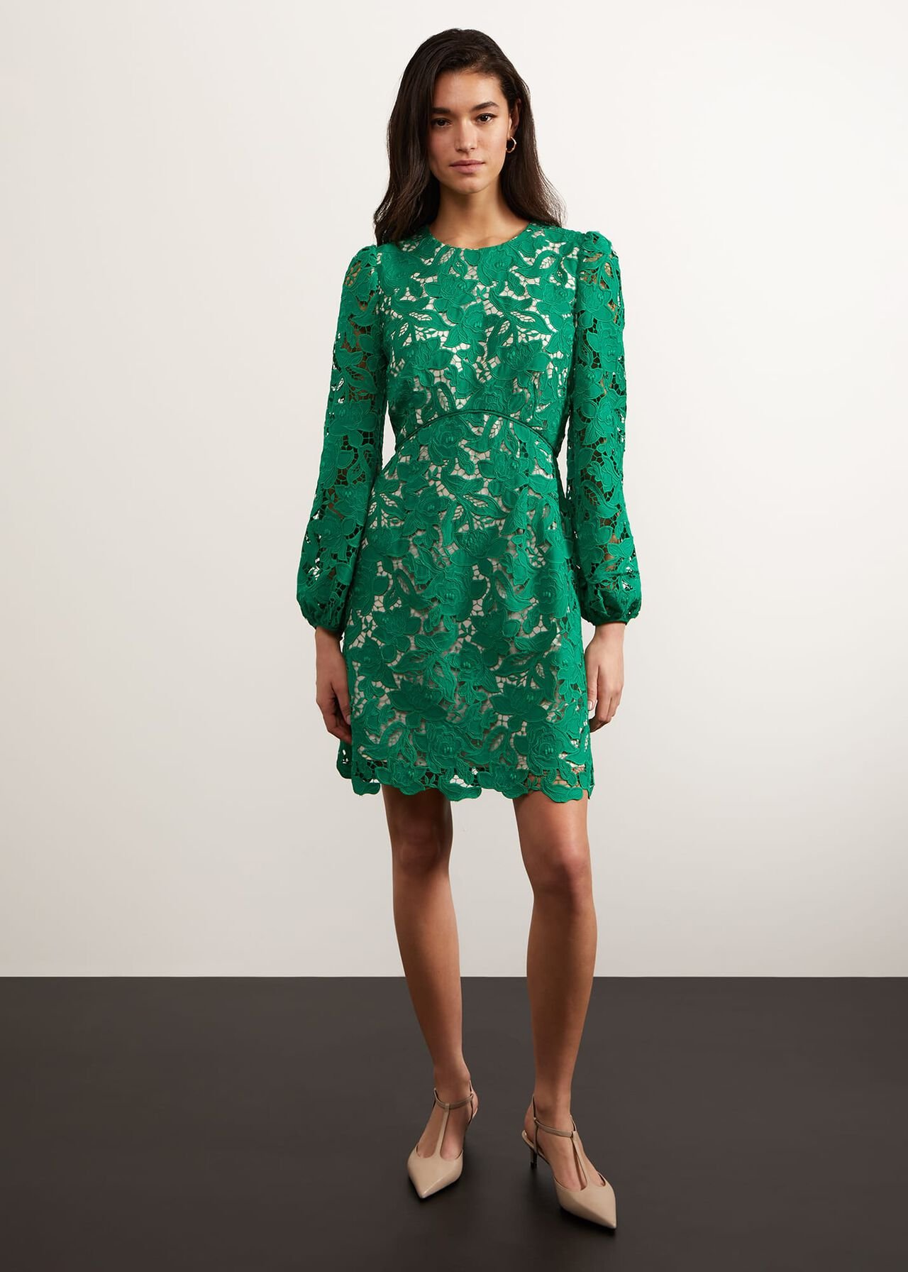 Kew Lace Mini Dress, Green Cream, hi-res