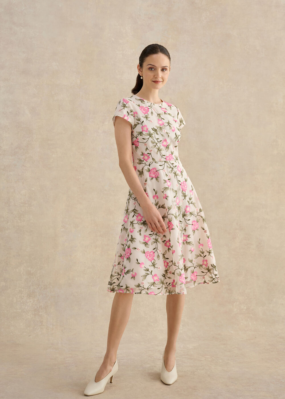 Petite Tia Embroidered Dress, Cream Pink, hi-res