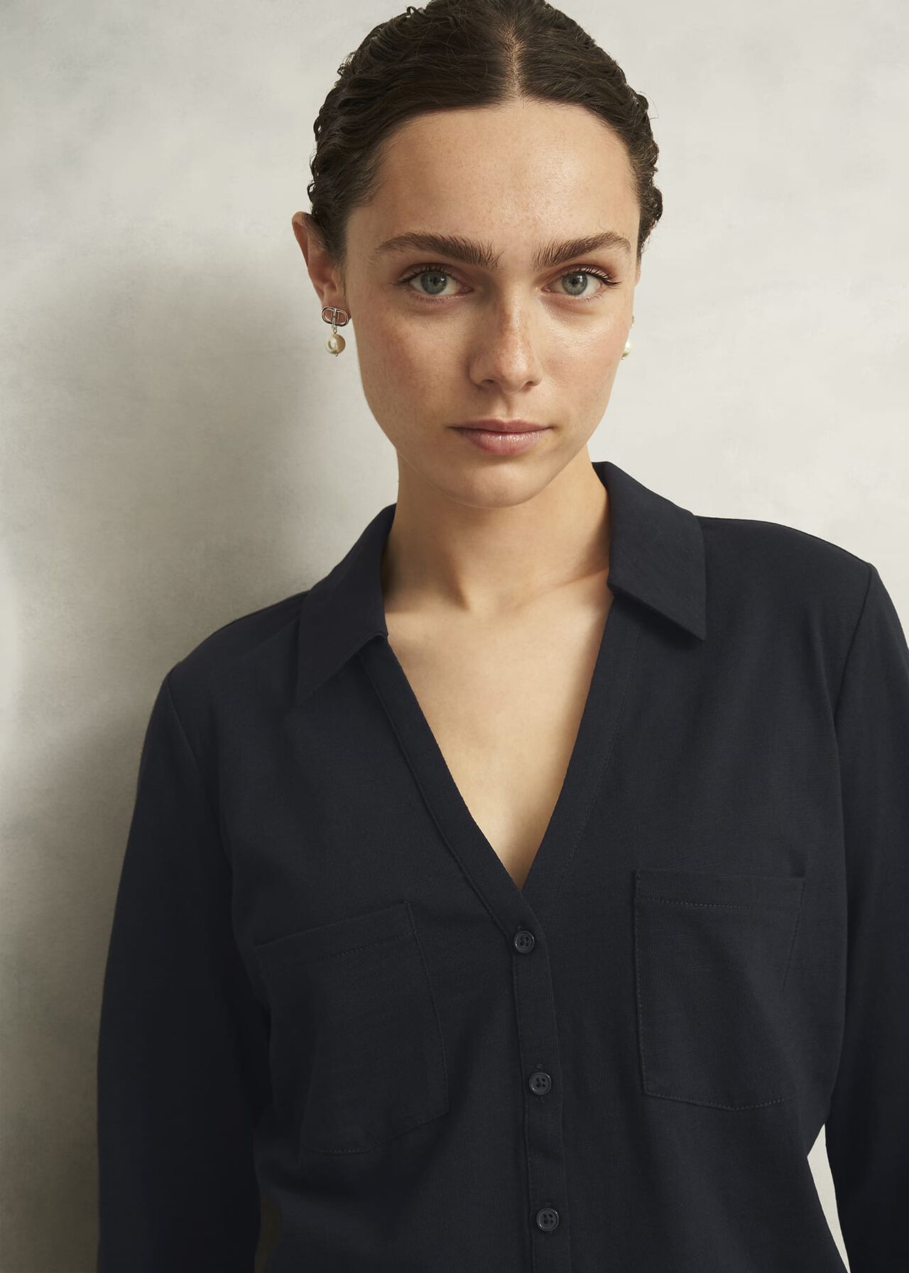 Navy Zariah Cotton Slub 3/4 Sleeve Shirt, Hobbs Navy, hi-res