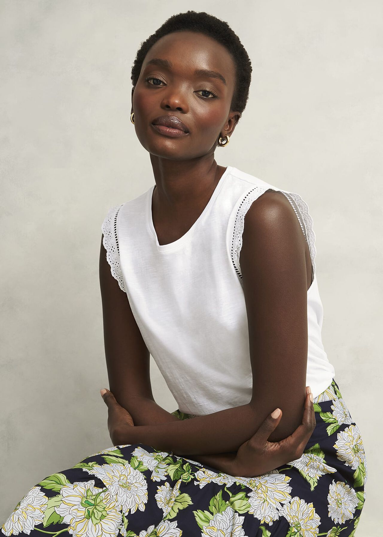 Leia Cotton Broderie Top, Hobbs White, hi-res