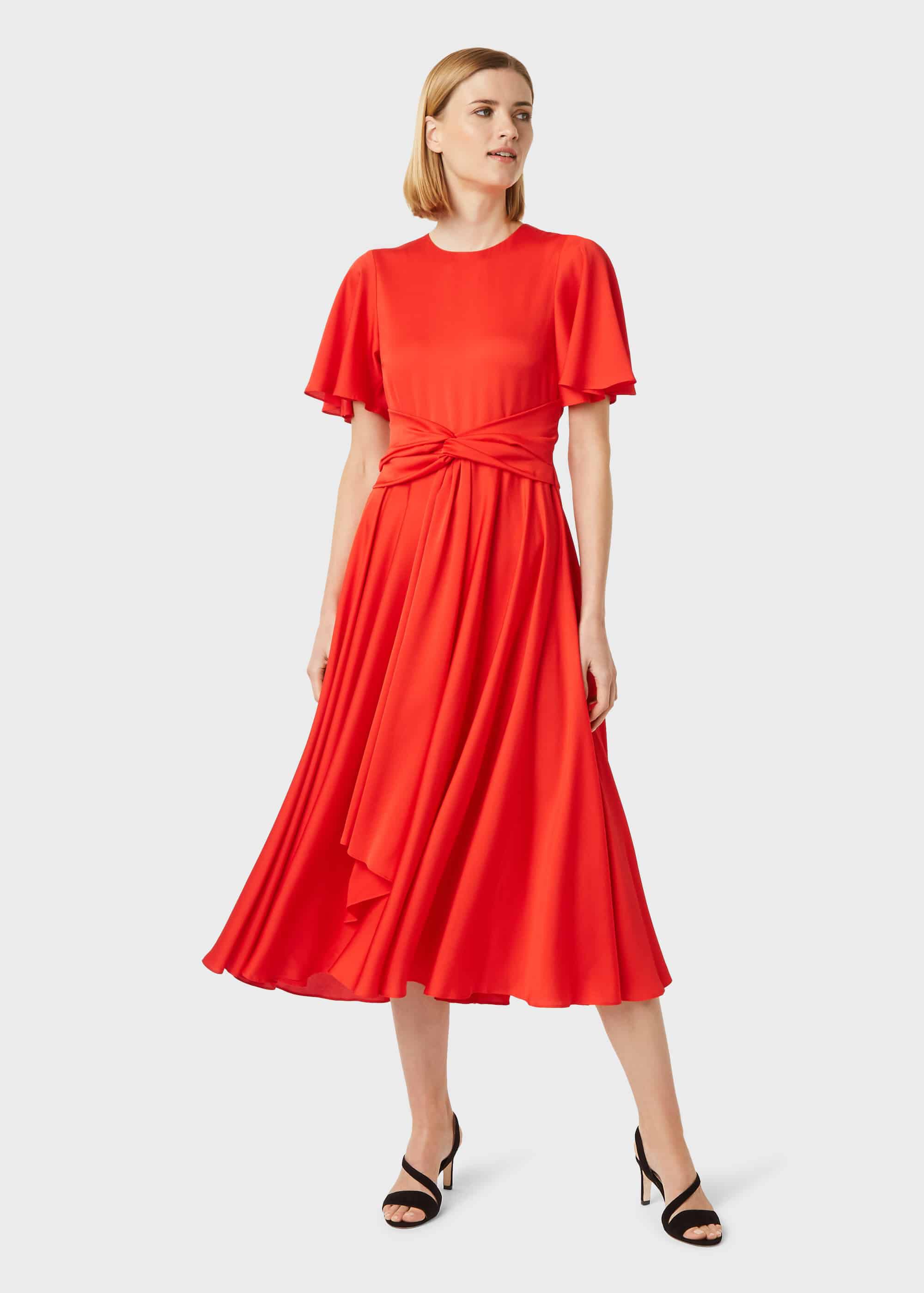 red satin fit and flare dress