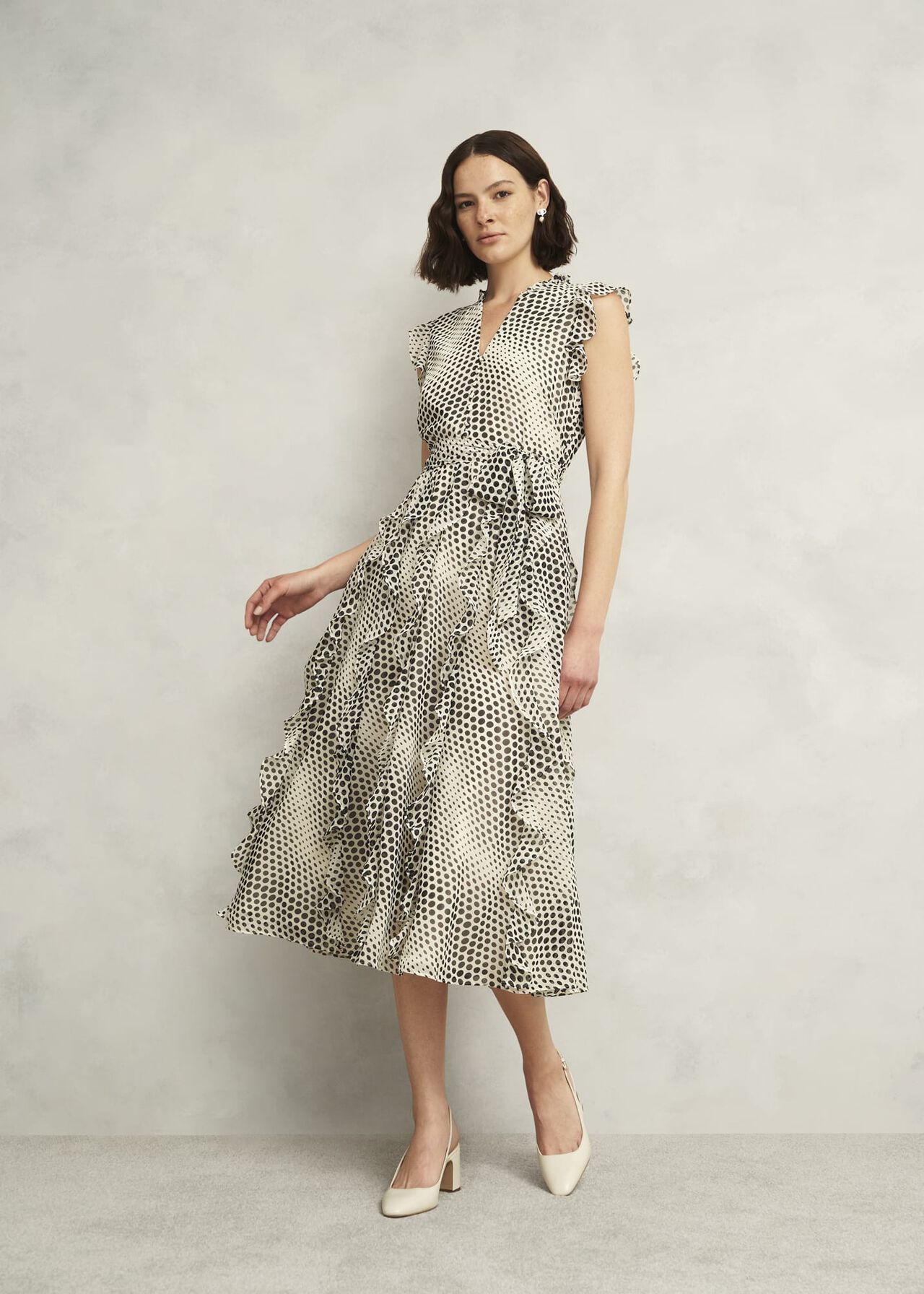 Nina Ruffle Midi Dress, Cream Black, hi-res