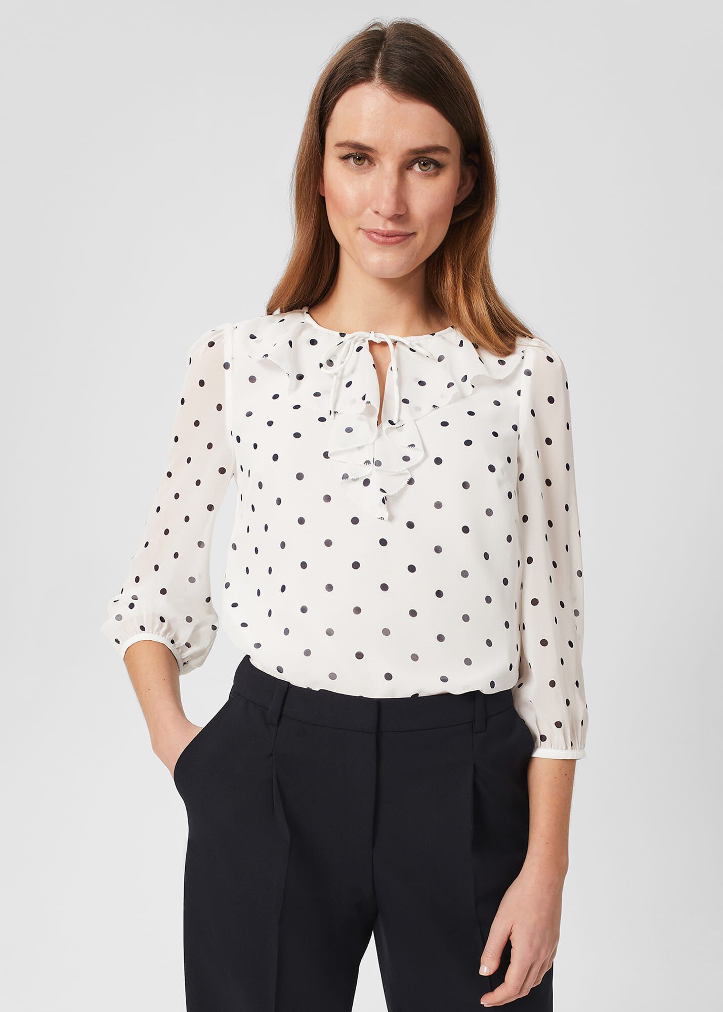 Navy and sale white spot blouse