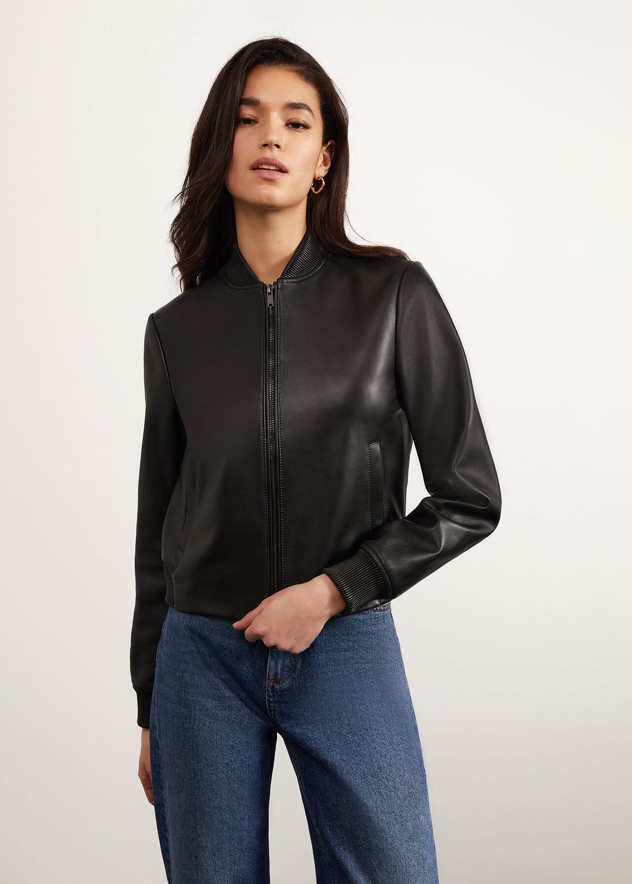 Lindley Leather Bomber Jacket, Black, hi-res