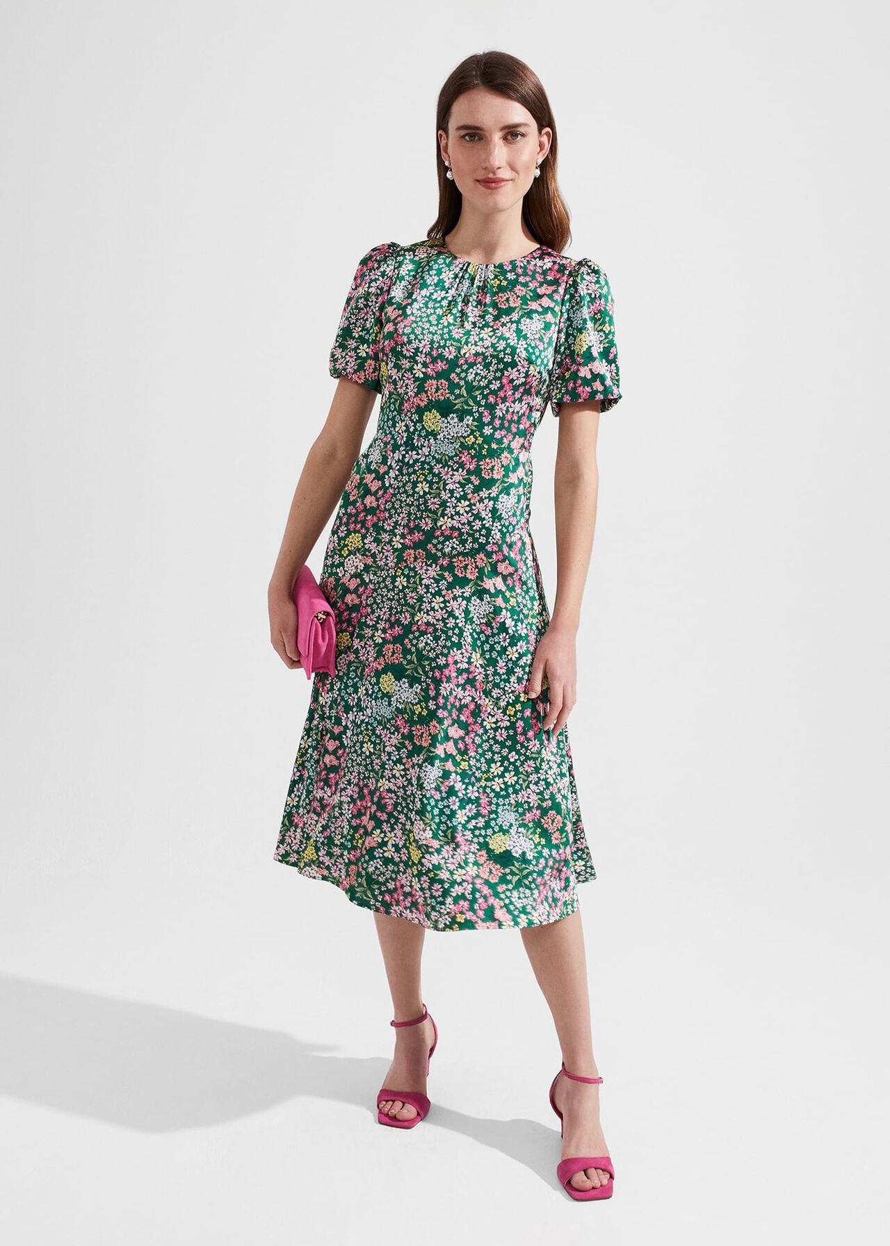 Christina Floral Fit And Flare Dress, Green Multi, hi-res