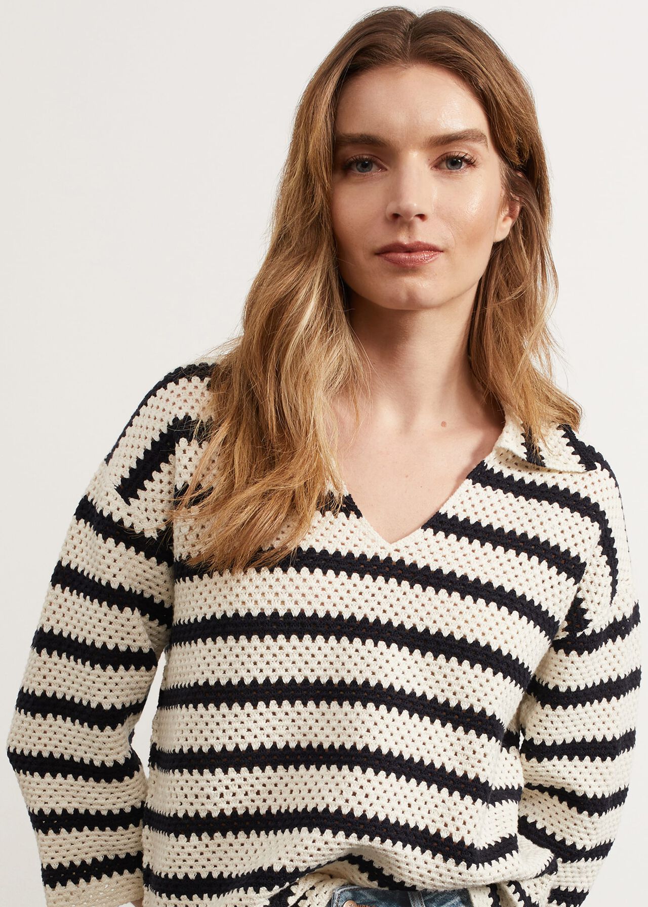 Prue Cotton Textured Sweater, Ivory Navy, hi-res