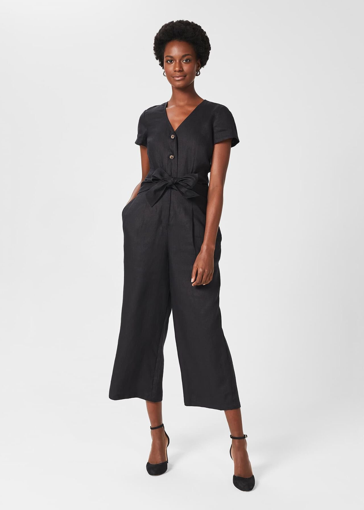 Jayne Linen Cropped Jumpsuit, Black, hi-res