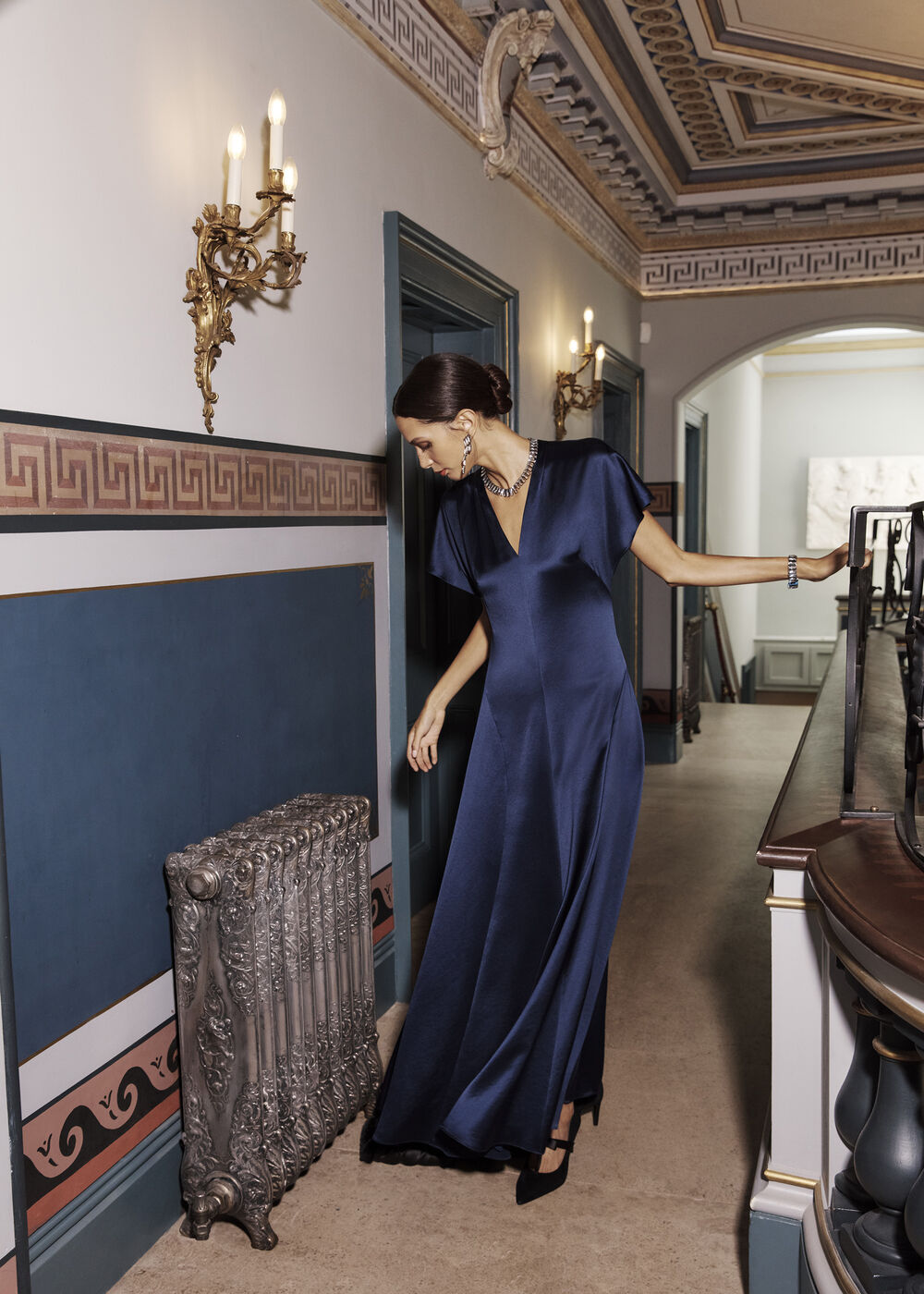 Grace Satin V Neck Maxi Dress, Midnight Navy, hi-res