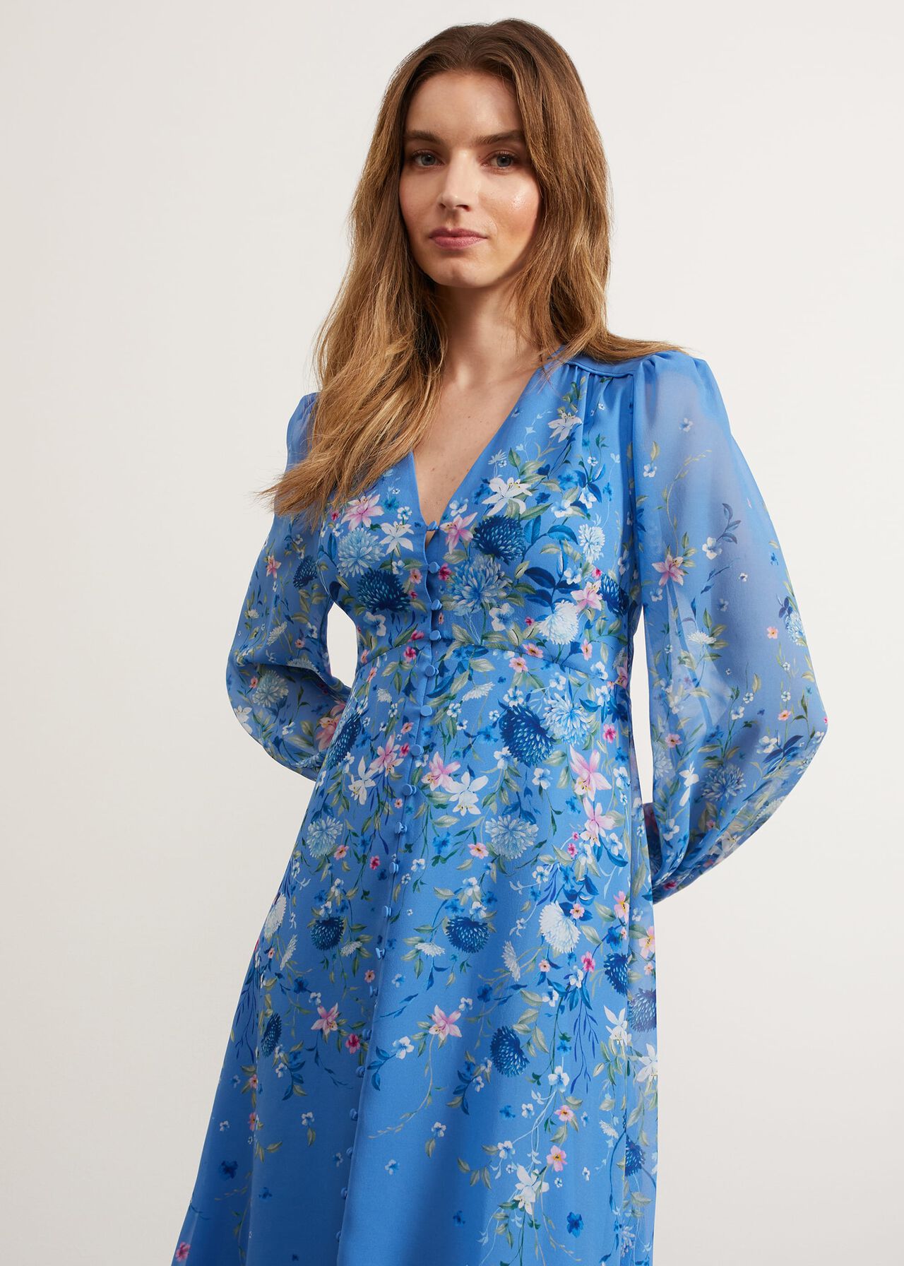 Caversham Silk Floral Dress, Blue Multi, hi-res