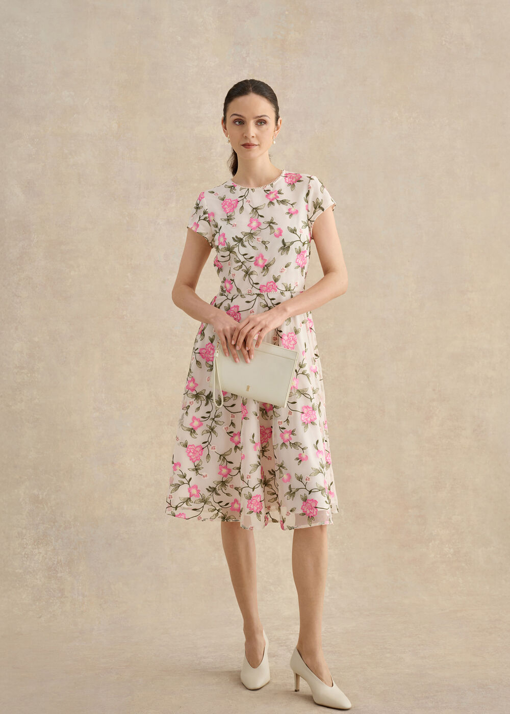 Petite Tia Embroidered Dress, Cream Pink, hi-res