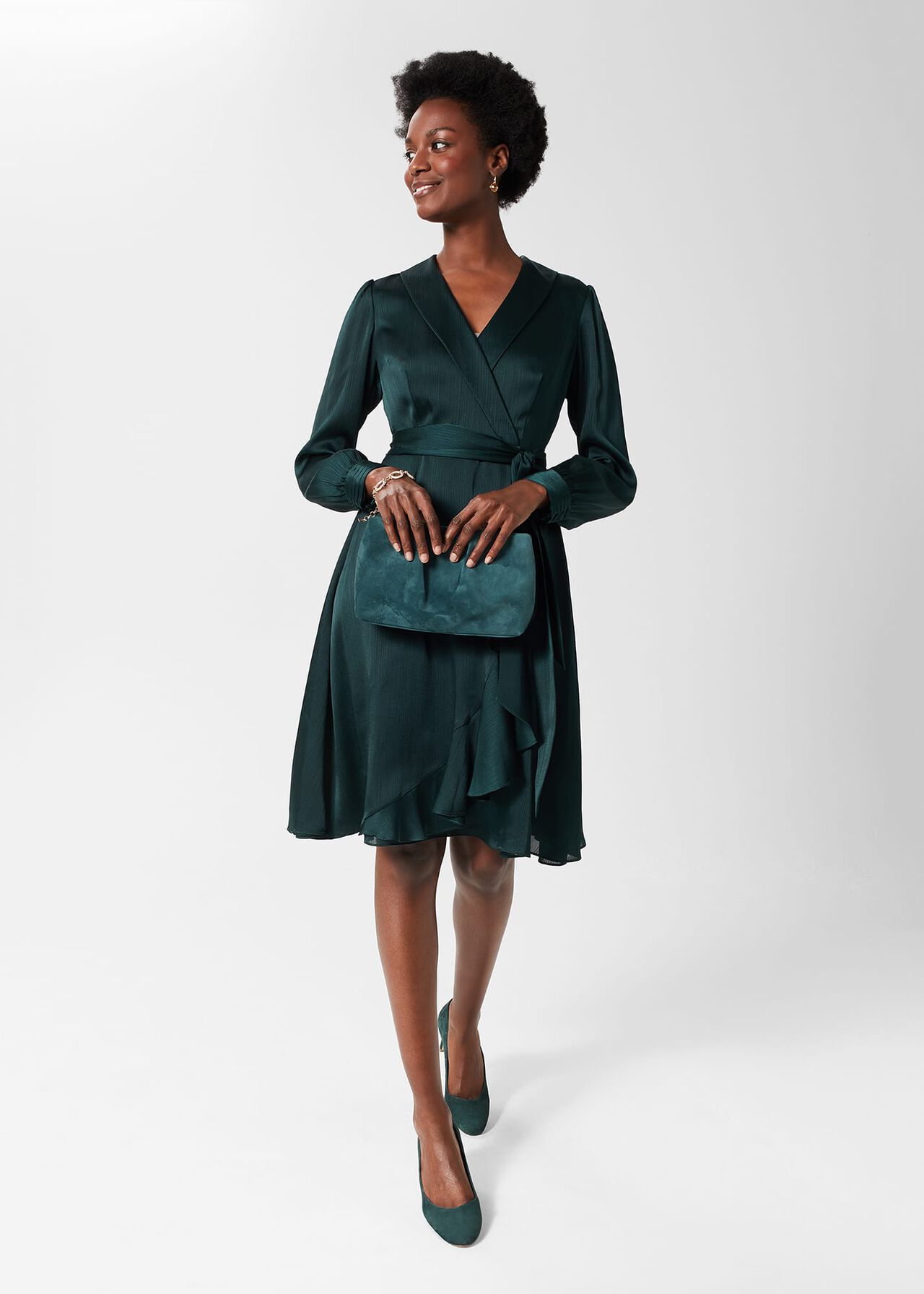 Sally Fit And Flare Satin Dress, Evergreen, hi-res