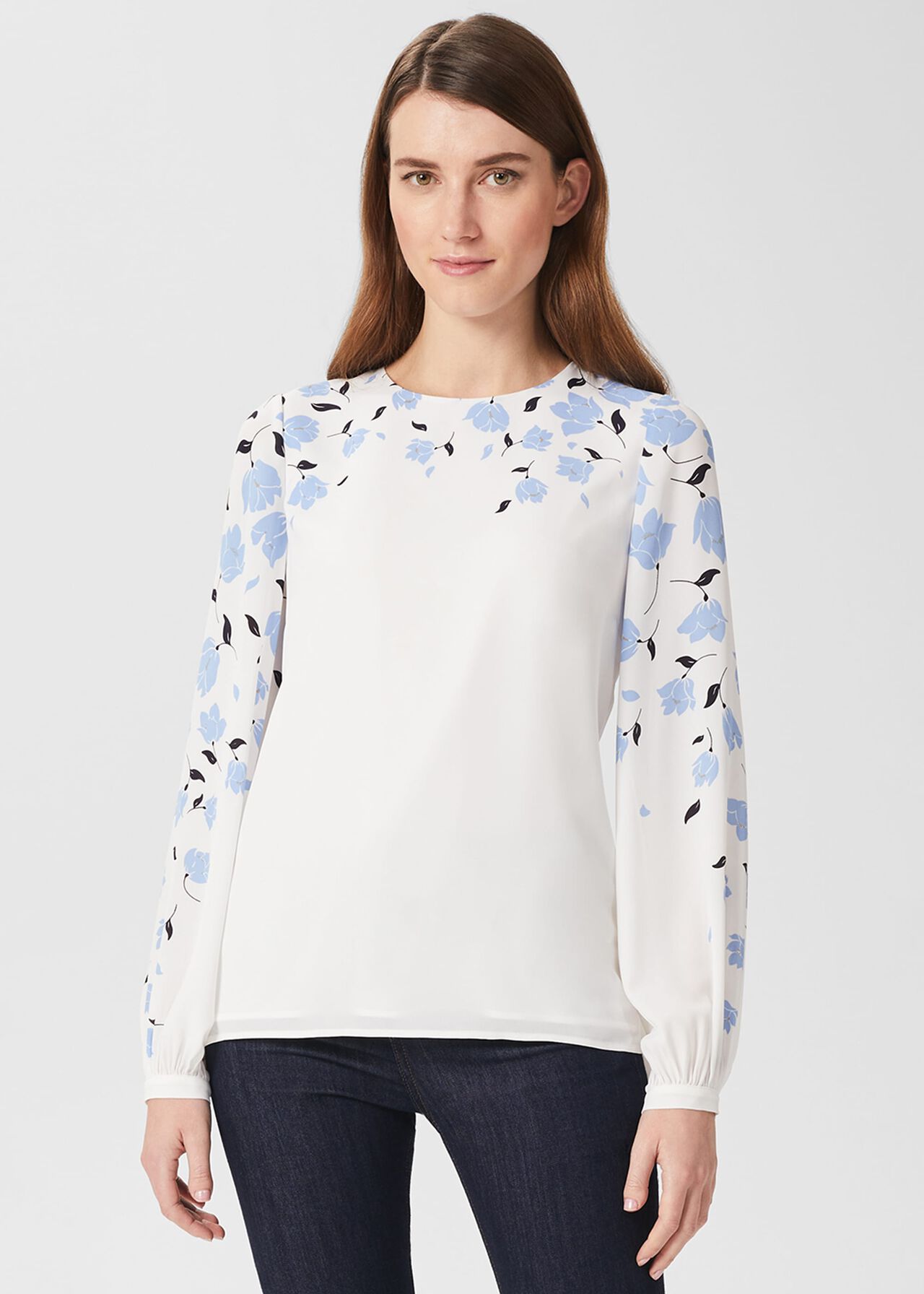 Zeoy Floral Puff Sleeve Blouse, Ivory Blue, hi-res