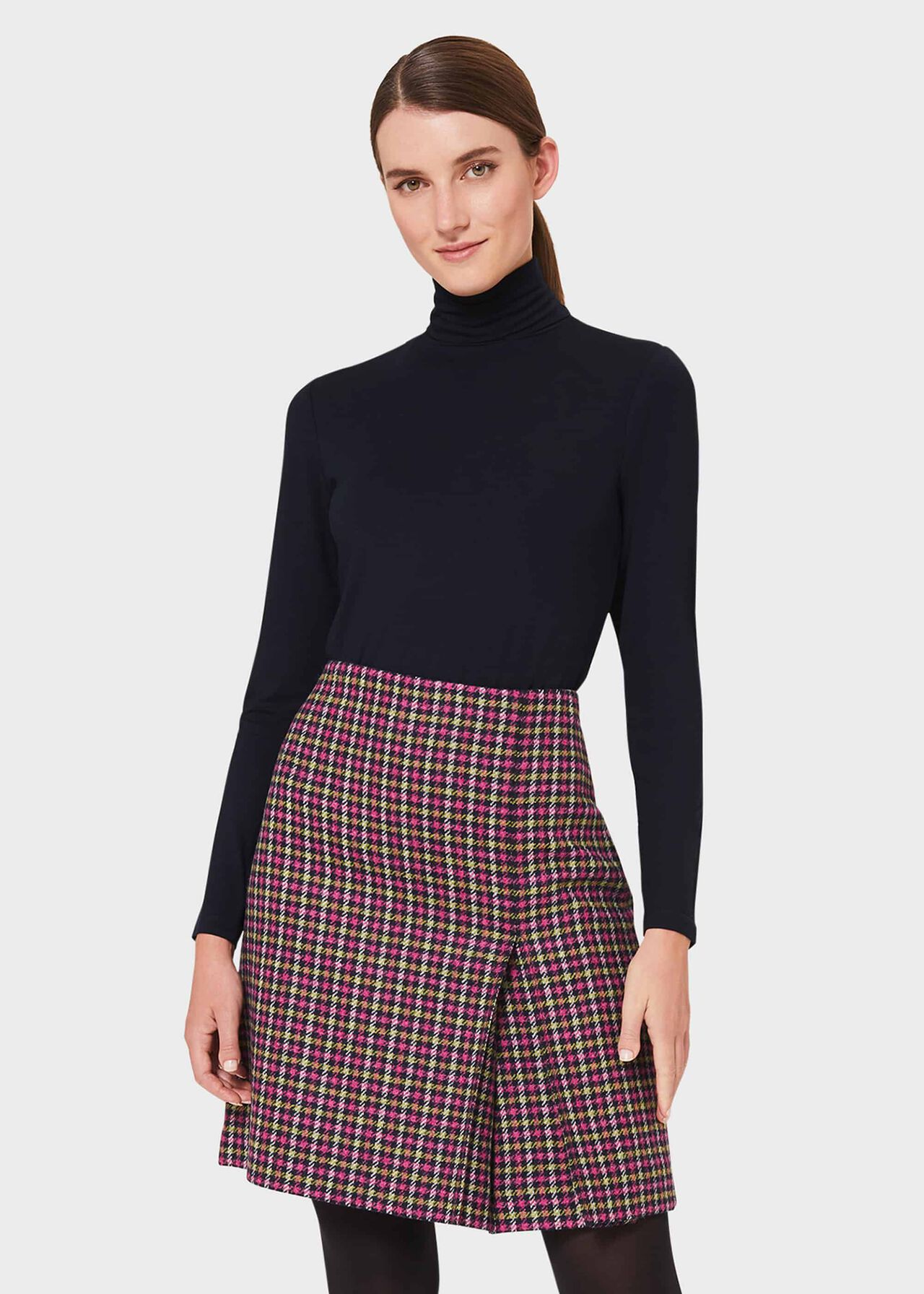 Avery Wool Check Pleated Skirt, Pink Lime Green, hi-res