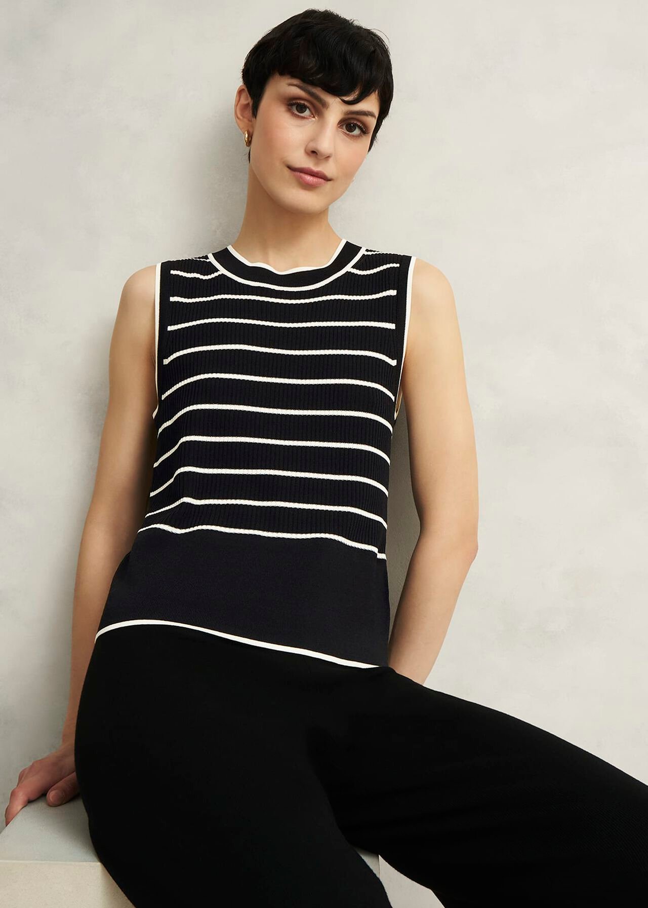 Navy Belmont Striped Knitted Vest Top, Black Cream, hi-res