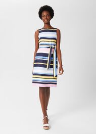 Jaci Belted Linen Dress, Navy Multi, hi-res