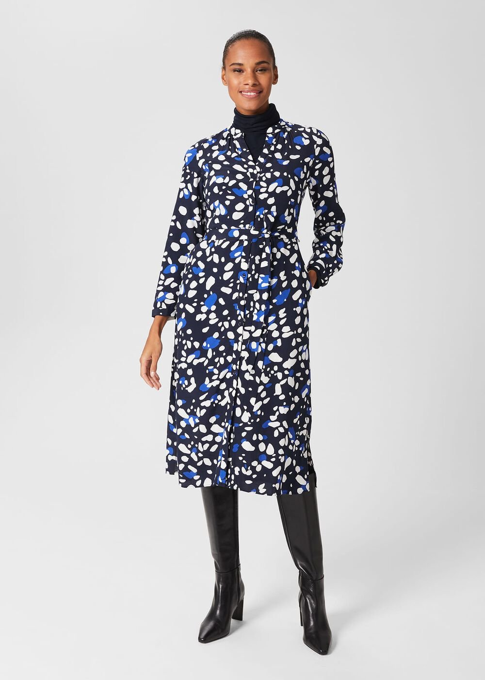 Petite Valeria Belted Dress, Navy Multi, hi-res