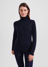 Lara Merino Wool Roll Neck Jumper, Navy, hi-res