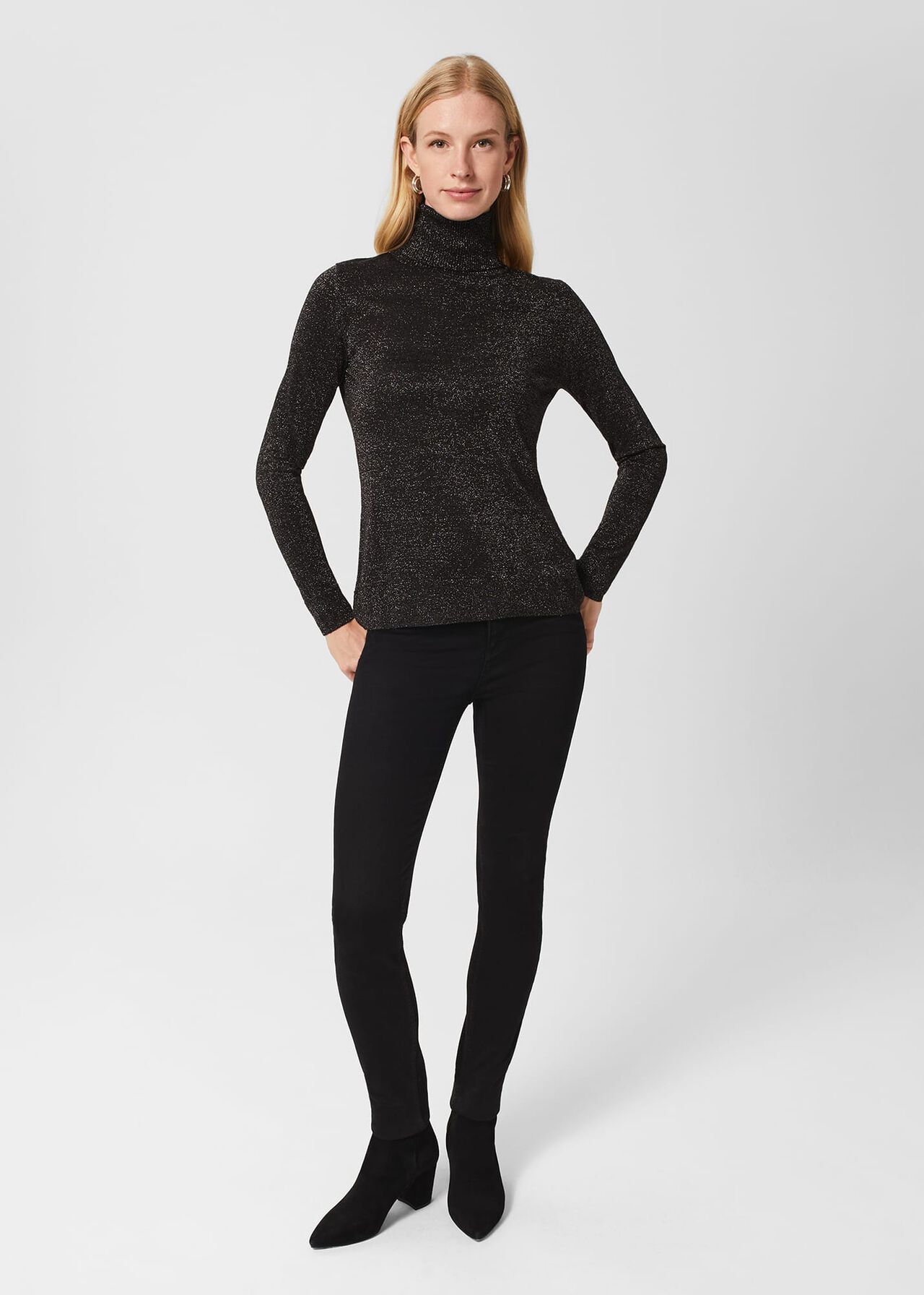 Olive Sparkle Roll Neck Jumper, Black Silver, hi-res