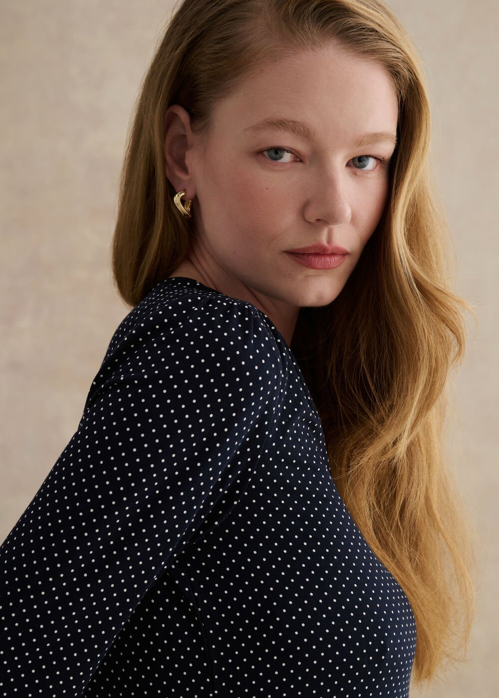 Hannah Printed Polka Dot V Neck Top, Navy Ivory, hi-res