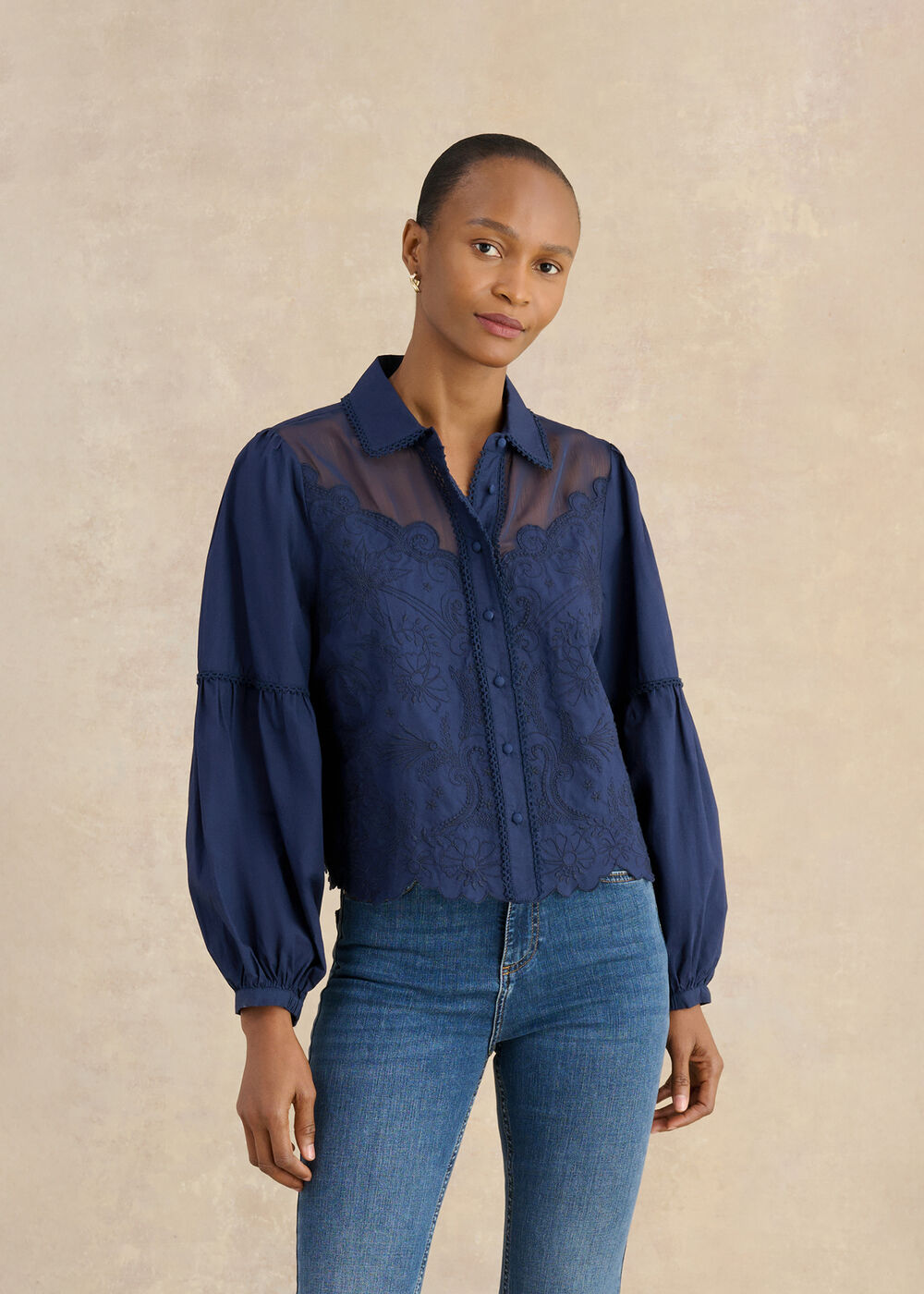 Becky Mixed Media Embroidered Shirt, Midnight Navy, hi-res