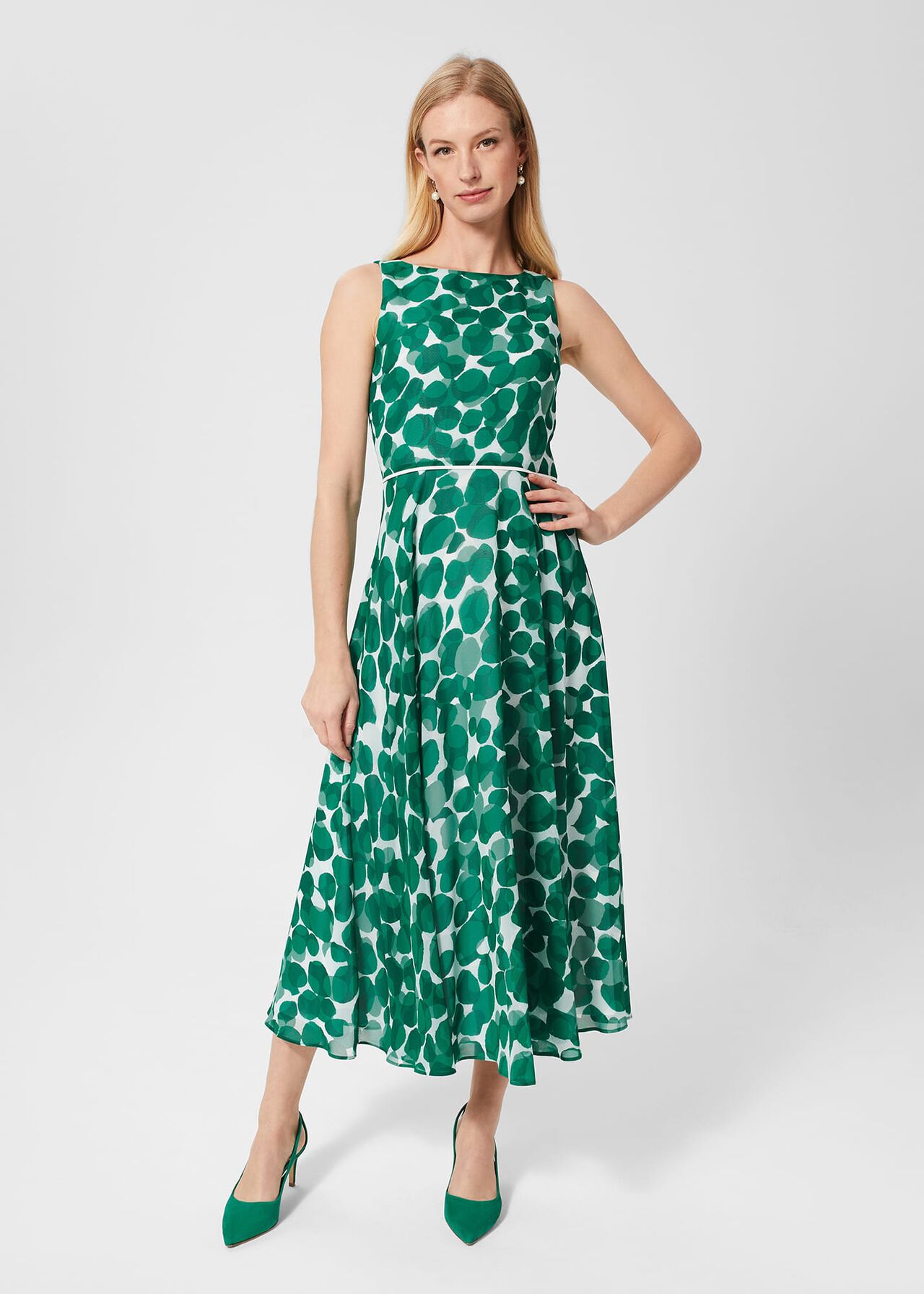 Carly Spot Midi Dress, Green Ivory, hi-res