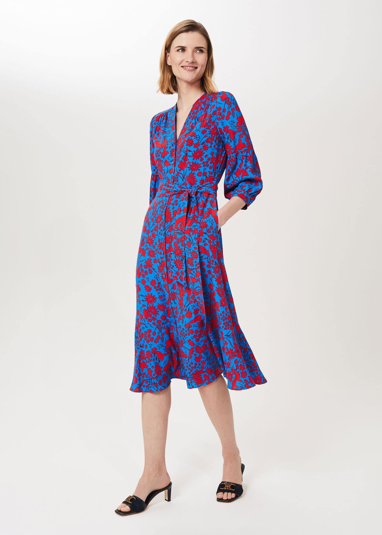 Carla Floral Midi Dress, Red Azure Blue, hi-res