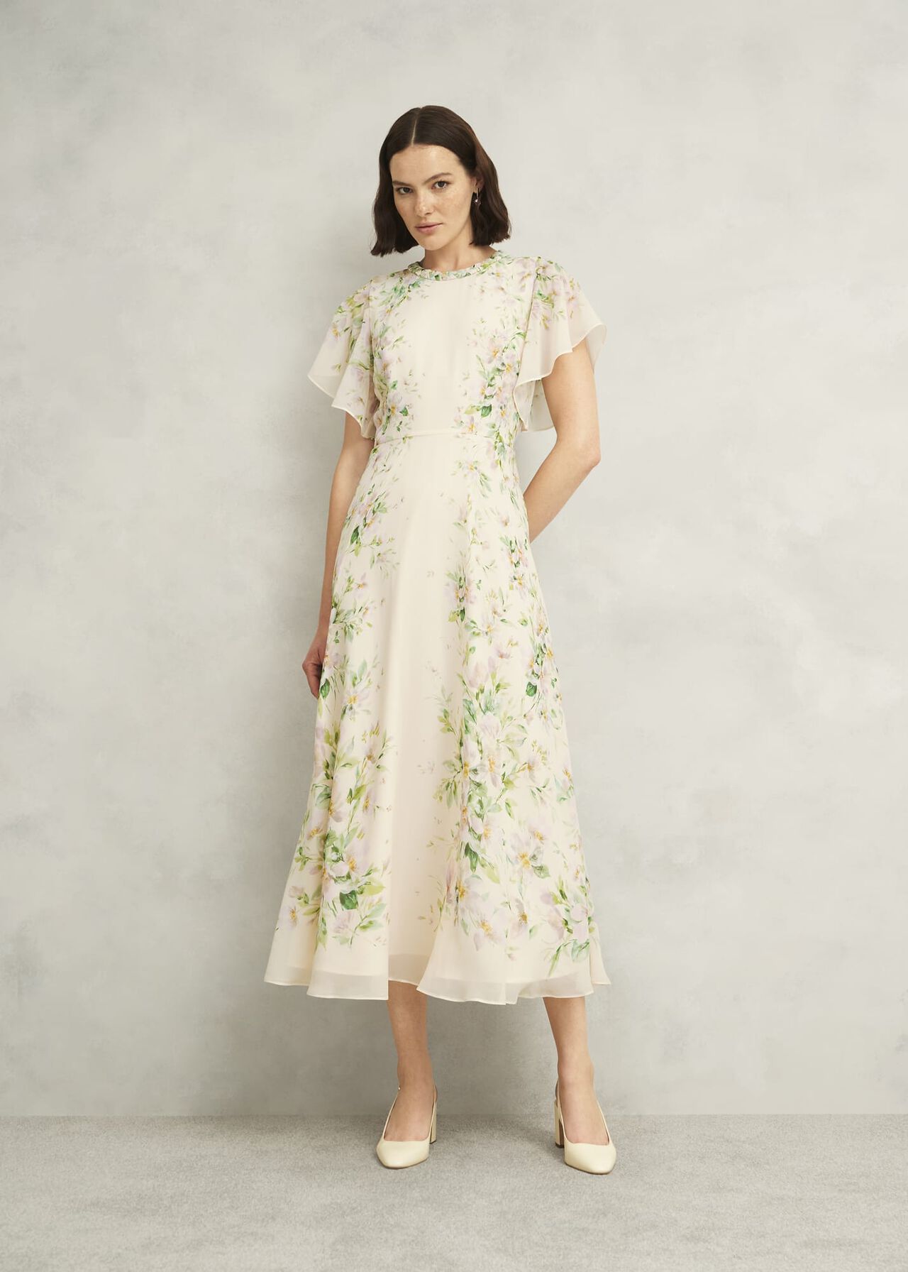 Petite Kim Plait Neck Floral Silk Dress , Cream Multi, hi-res