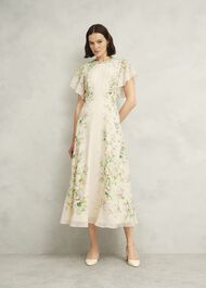 Petite Kim Plait Neck Floral Silk Dress , Cream Multi, hi-res