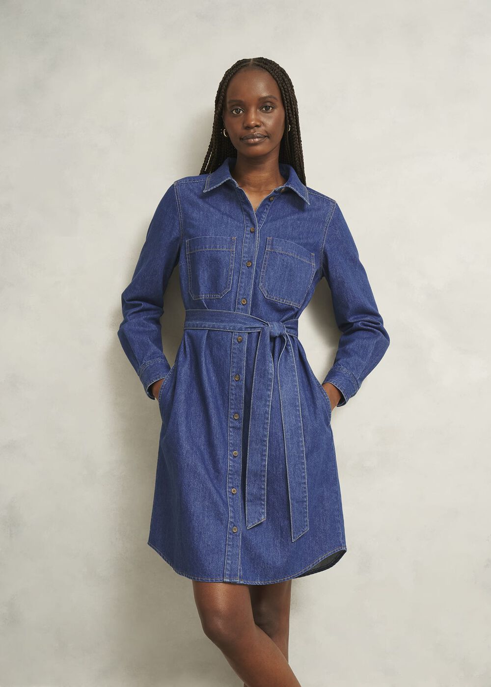 Francesca Denim Dress, Mid Wash Blue, hi-res