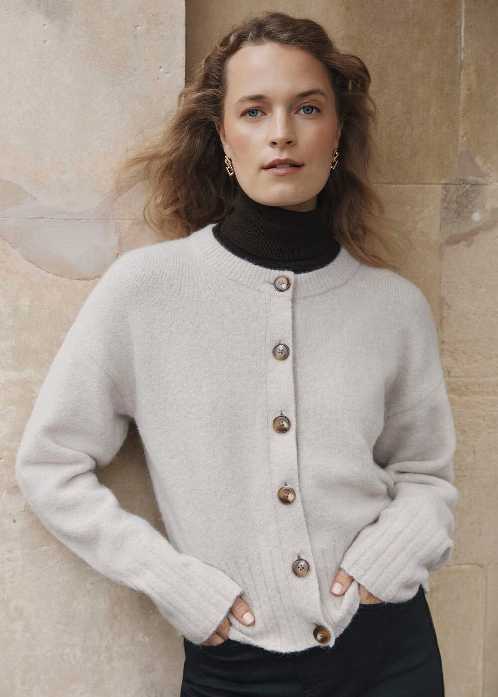 Oatmeal Freya Crew Neck Button Knitted Cardigan, Oatmeal Marl, hi-res