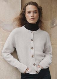 Oatmeal Freya Crew Neck Button Knitted Cardigan, Oatmeal Marl, hi-res