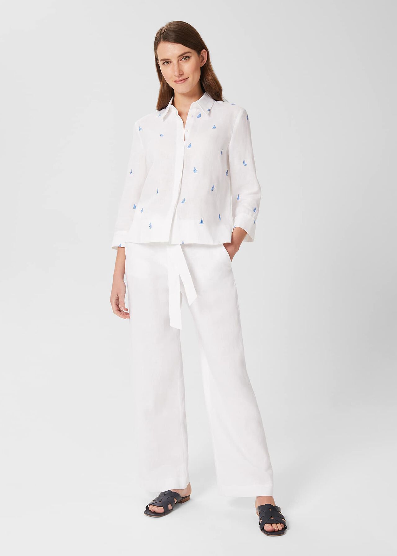 Jacqui Wide Leg Linen Trousers, White, hi-res